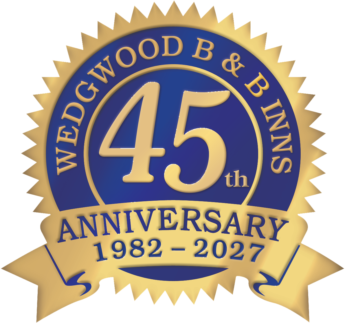 Blue and gold badge celebrating the 45th anniversary of the Wedgwood B&B Inn